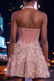 Corset rose à col nu rose ligne A, robe de bal à paillettes florales avec appliques