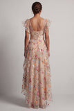 Robe pour mère de la mariée champagne en tulle ligne A bustier brodé fleurs ourlet asymétrique