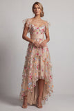 Robe pour mère de la mariée champagne en tulle ligne A bustier brodé fleurs ourlet asymétrique