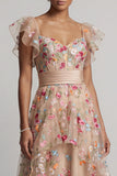 Robe pour mère de la mariée champagne en tulle ligne A bustier brodé fleurs ourlet asymétrique