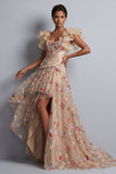 Corset en tulle ligne A à ligne Champagne High-Low Rose fleurie Mère de la Mariée brodée