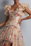 Corset en tulle ligne A à ligne Champagne High-Low Rose fleurie Mère de la Mariée brodée