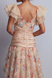 Corset en tulle ligne A à ligne Champagne High-Low Rose fleurie Mère de la Mariée brodée