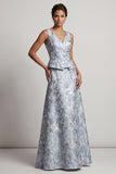 Robe de mère de la mariée bleu poussiéreux A Line à col en V long jaquard