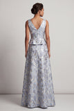 Robe de mère de la mariée bleu poussiéreux A Line à col en V long jaquard