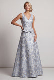 Robe de mère de la mariée bleu poussiéreux A Line à col en V long jaquard