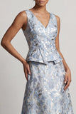 Robe de mère de la mariée bleu poussiéreux A Line à col en V long jaquard