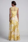 Robe jaune A Line, à col bateau, longue robe fleurie, de la mère de la mariée