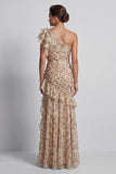 Robe de la mère de la mariée à volants longue et à volants en sirène de champagne avec fente