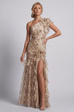 Robe de la mère de la mariée à volants longue et à volants en sirène de champagne avec fente