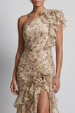 Robe de la mère de la mariée à volants longue et à volants en sirène de champagne avec fente