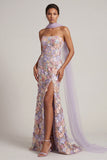 Robe longue de mère de la mariée à fentes en sirène fleurie violette clair