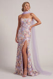 Robe longue de mère de la mariée à fentes en sirène fleurie violette clair