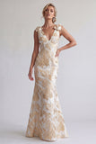 Robe sirène fleurie longue et scintillante Champagne avec nœuds