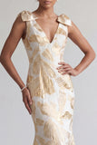 Robe sirène fleurie longue et scintillante Champagne avec nœuds