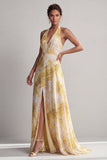 Halter A Line Longue robe fleuriste jaune imprimée de la mère de la mariée avec fente