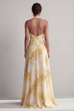 Halter A Line Longue robe fleuriste jaune imprimée de la mère de la mariée avec fente