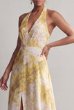 Halter A Line Longue robe fleuriste jaune imprimée de la mère de la mariée avec fente