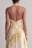 Halter A Line Longue robe fleuriste jaune imprimée de la mère de la mariée avec fente