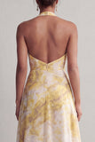Halter A Line Longue robe fleuriste jaune imprimée de la mère de la mariée avec fente