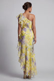 Robe de mère de la mariée à motifs floraux jaunes avec des volants