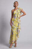 Robe de mère de la mariée à motifs floraux jaunes avec des volants