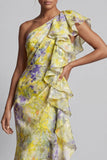 Robe de mère de la mariée à motifs floraux jaunes avec des volants