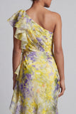 Robe de mère de la mariée à motifs floraux jaunes avec des volants
