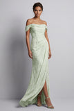 Robe longue de la mère de la mariée en forme de sirène fleurie vert clair avec fente