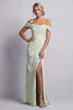 Robe longue de la mère de la mariée en forme de sirène fleurie vert clair avec fente