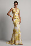 Robe de la mère de la mariée à motifs de sirène florale avec une longue robe jaune