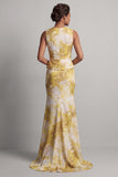 Robe de la mère de la mariée à motifs de sirène florale avec une longue robe jaune