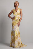 Robe de la mère de la mariée à motifs de sirène florale avec une longue robe jaune
