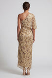 Robe longue fleurie champagne froncée de la mère de la mariée avec cape latérale