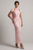 Blush scintillant Fourreau long Manches courtes Robe perlée de perles de serrure
