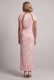 Blush scintillant Fourreau long Manches courtes Robe perlée de perles de serrure
