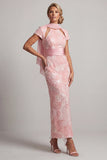 Blush scintillant Fourreau long Manches courtes Robe perlée de perles de serrure