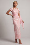 Blush scintillant Fourreau long Manches courtes Robe perlée de perles de serrure
