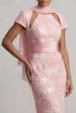 Blush scintillant Fourreau long Manches courtes Robe perlée de perles de serrure