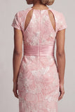 Blush scintillant Fourreau long Manches courtes Robe perlée de perles de serrure