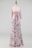 Robe de la mère de la mariée à fleurs à col bateau à col bateau longue sirène fleurie avec poches