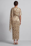 Robe longue à fleurs perlées de champagne Mère de la mariée avec cape