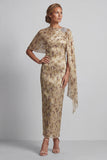 Robe longue à fleurs perlées de champagne Mère de la mariée avec cape