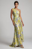 Robe de la mère de la mariée à motifs floraux jaunes à une épaule