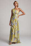 Robe de la mère de la mariée à motifs floraux jaunes à une épaule