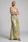 Robe de la mère de la mariée à motifs floraux jaunes à une épaule
