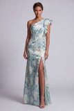 Robe longue de la mère de la mariée à volants de sirène vert clair et fleurie