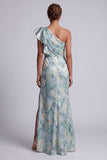 Robe longue de la mère de la mariée à volants de sirène vert clair et fleurie