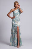 Robe longue de la mère de la mariée à volants de sirène vert clair et fleurie