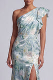 Robe longue de la mère de la mariée à volants de sirène vert clair et fleurie